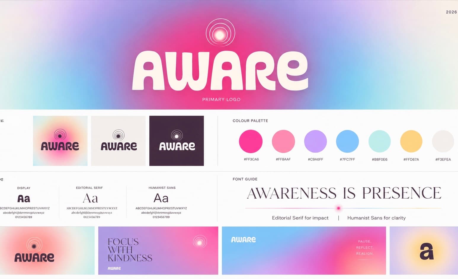 Brandboard der Marke Aware mit Logo, Farbpalette, Typografie und Anwendungen