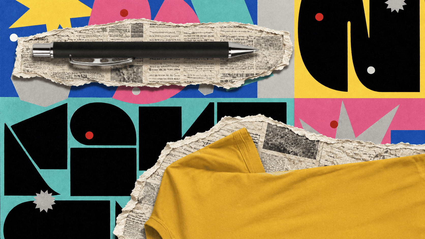Gelbes T-Shirt in einer farbigen grafischen Merchandising-Collage