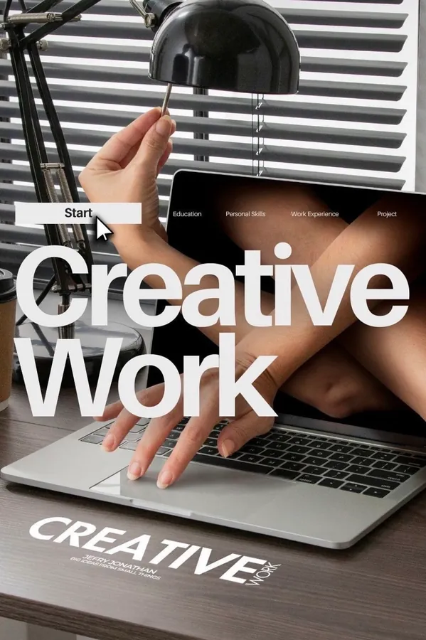 Laptop mit der Website Creative Work, Hände greifen aus dem Bildschirm