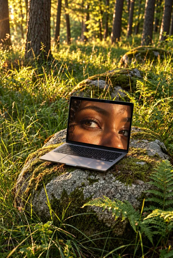 Laptop auf einem bemoosten Stein im Wald, auf dem Bildschirm ein Augenpaar