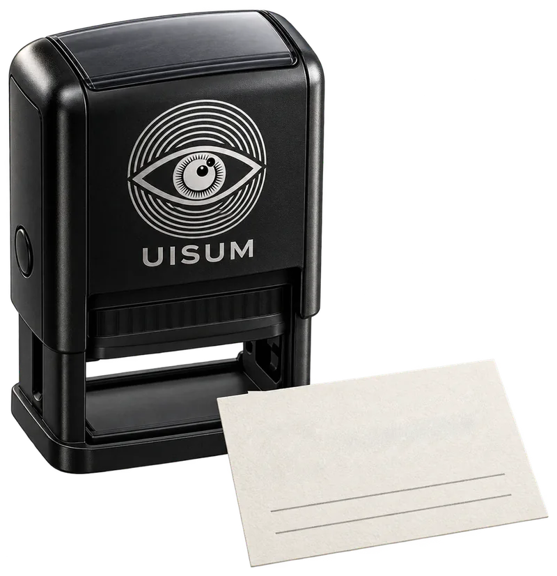 Stempel mit Uisum-Auge neben einer Karte, auf die er „Freigegeben“ druckt