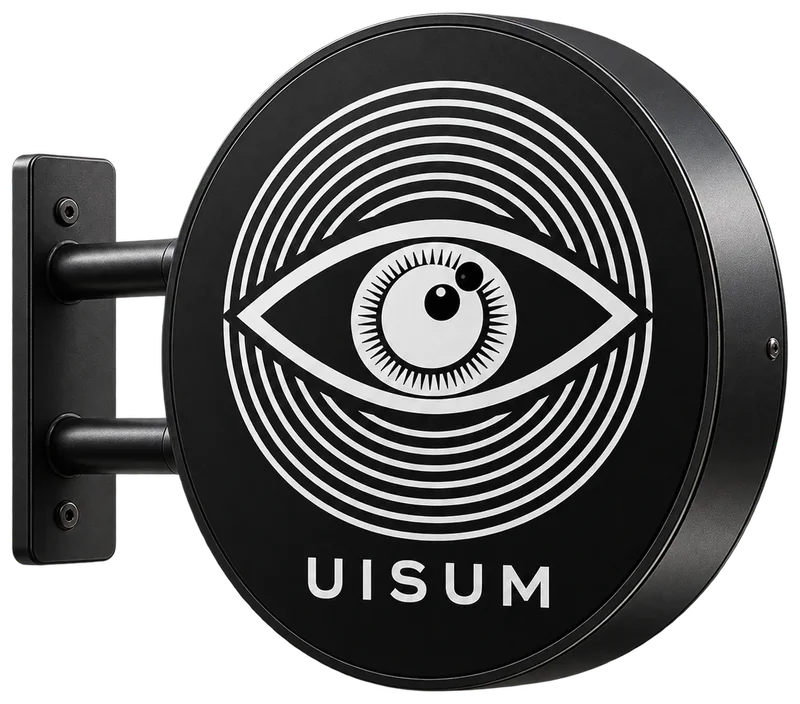 Rundes Ausleger-Schild mit Uisum-Auge und Schriftzug