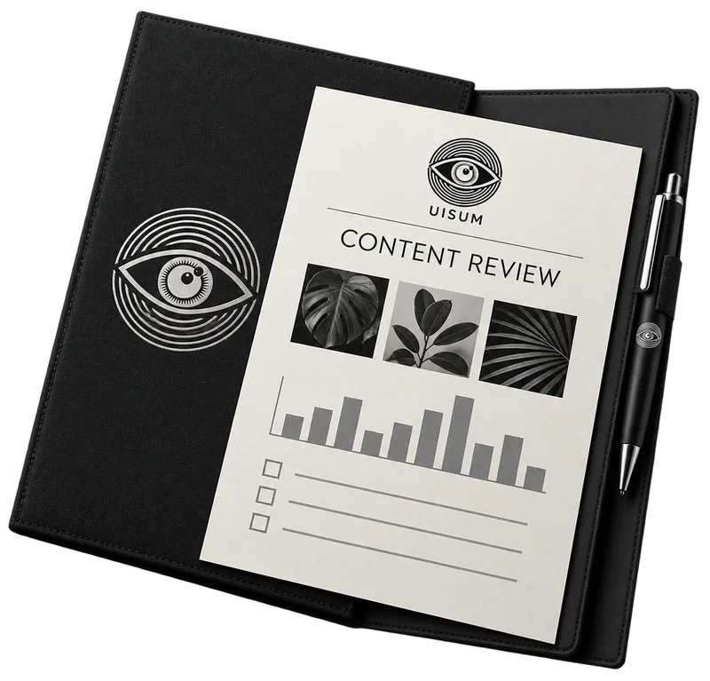 Mappe „Content Review“ mit drei Beitragsbildern, einem Balkendiagramm und einer Checkliste