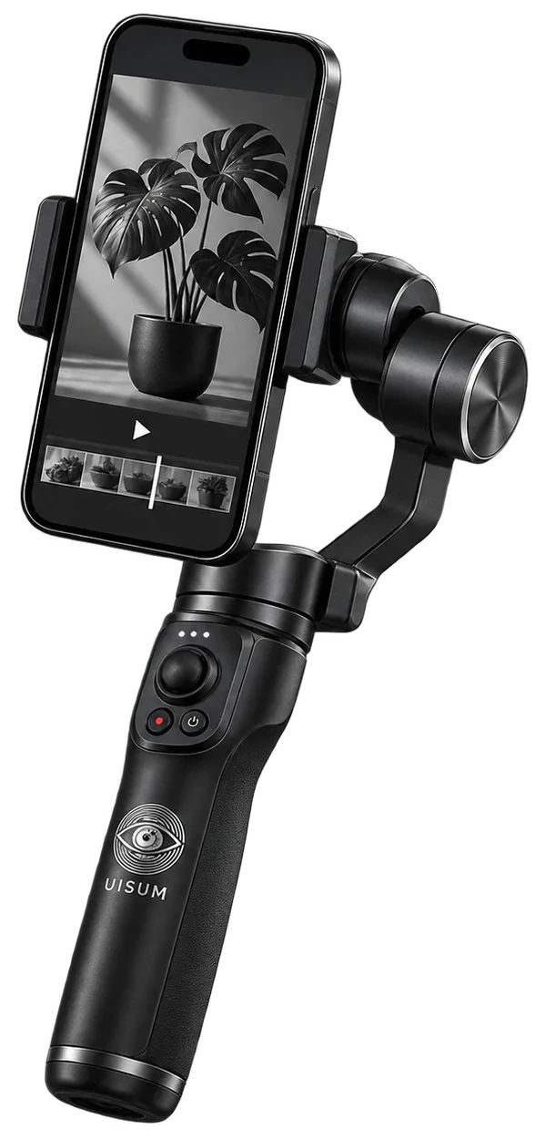Smartphone im Uisum-Gimbal, auf dem Bildschirm der Schnitt eines Reels