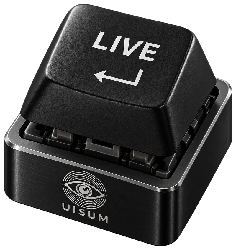 Einzelne schwarze Taste mit der Aufschrift „Live“ und Enter-Pfeil auf einem Sockel mit Uisum-Auge