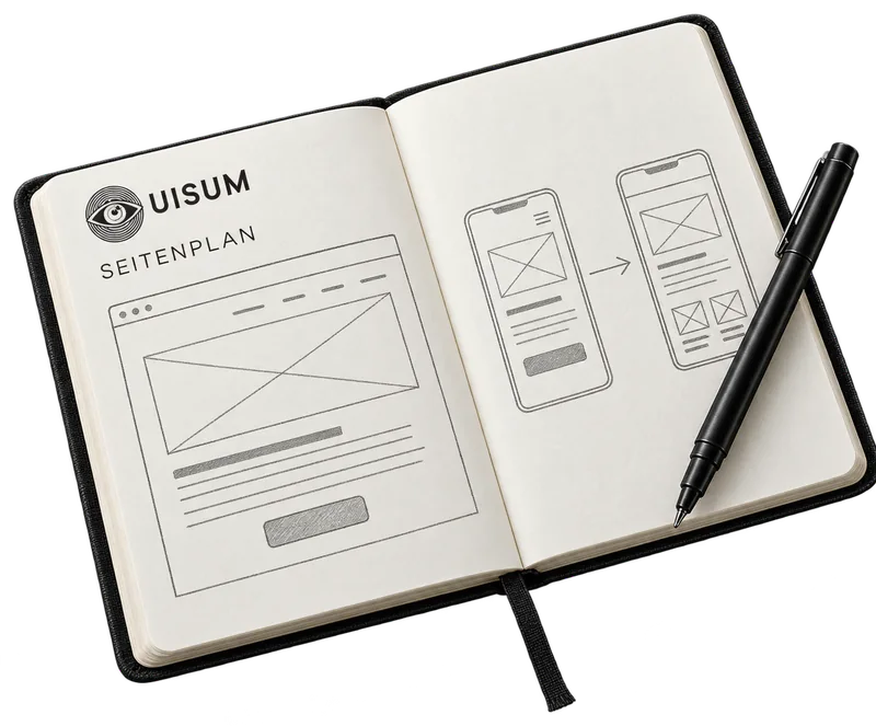 Offenes Notizbuch „Seitenplan“ mit Skizzen einer Seite für Desktop und Handy, daneben ein Stift